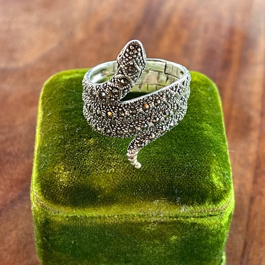 Vintage Sterling Silver Large Marcasite Snake Ring