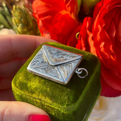 Antique Edwardian Sterling Silver Sweetheart Envelope Charm Pendant Locket 1913