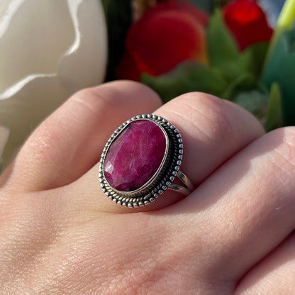 Vintage Sterling Silver Ruby Pink Statement Ring Q