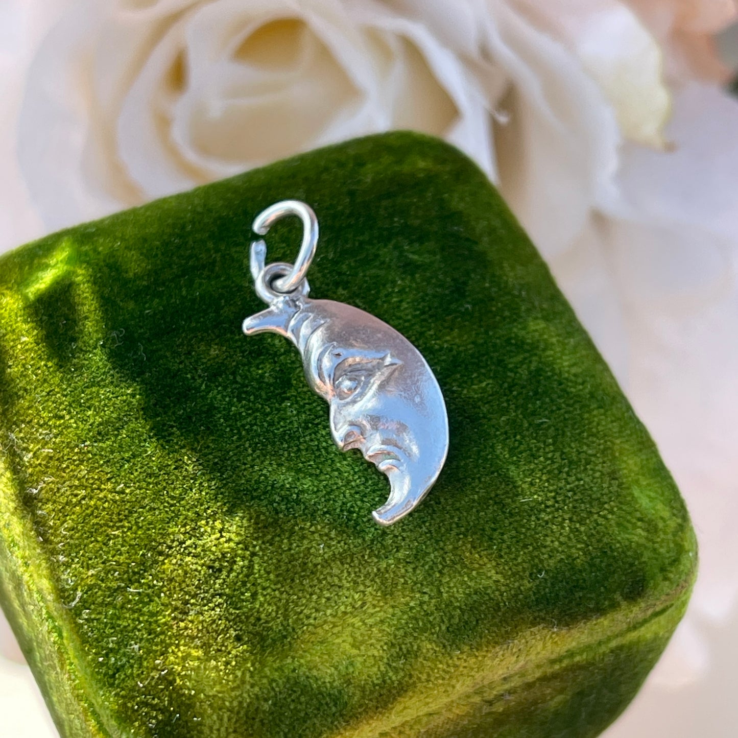 Sterling Silver Vintage Crescent Moon Face Charm Double Sided