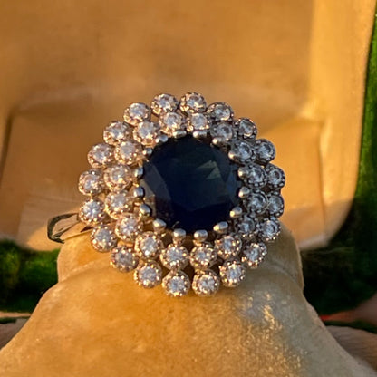 Vintage Sterling Silver 1950s Sapphire Glass Cocktail ring L