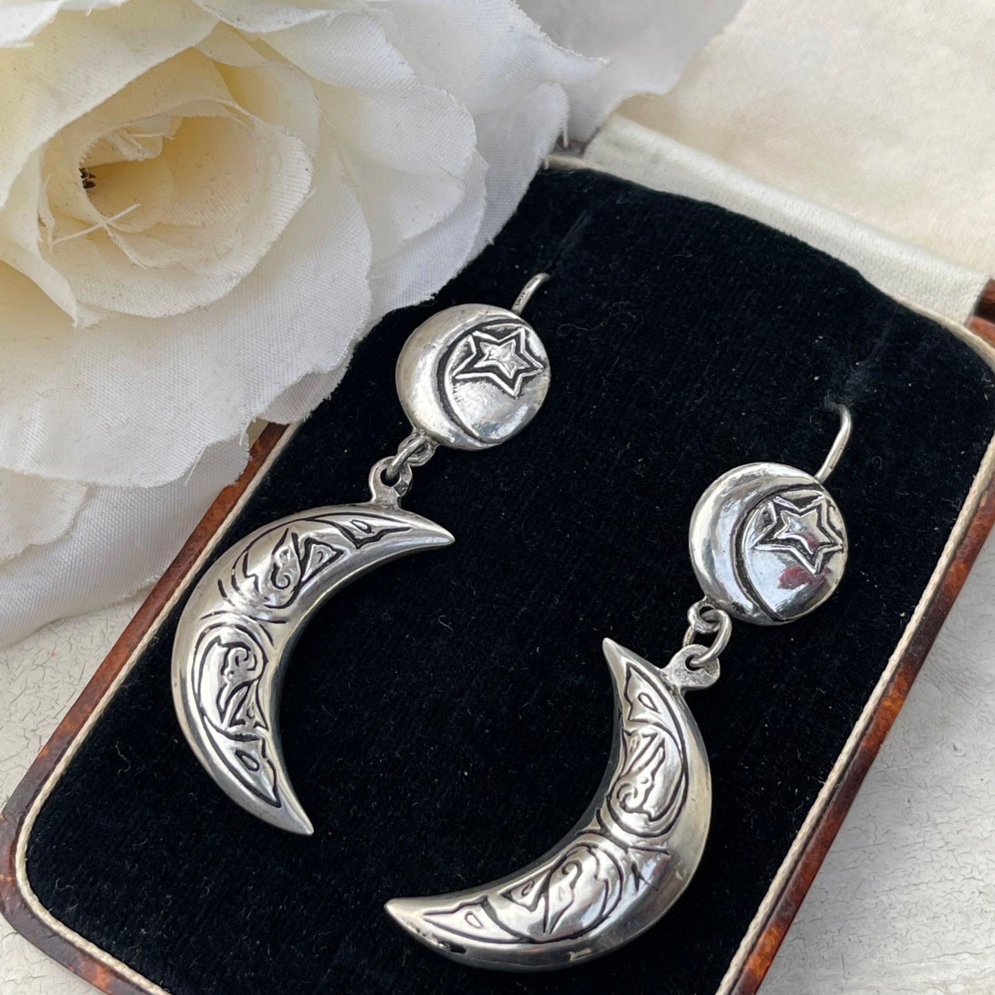 Vintage Silver Crescent Moon & Star earrings