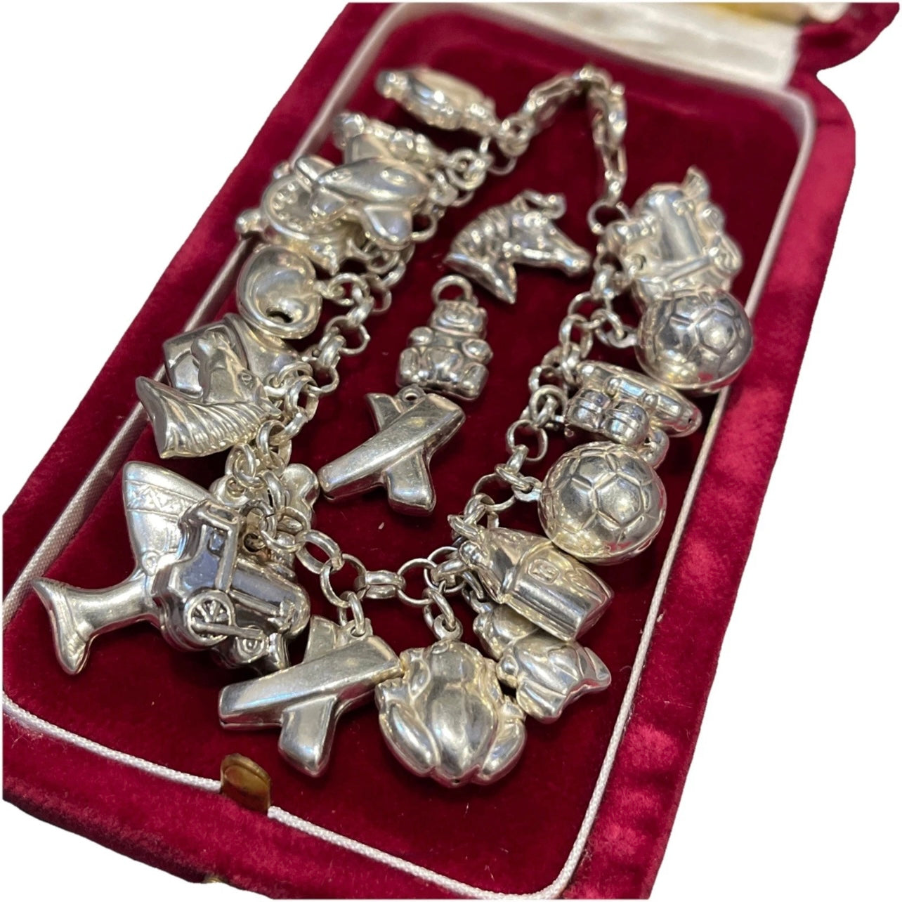 Vintage Sterling Silver puffy Charm Bracelet 22 charms