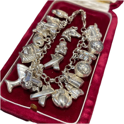 Vintage Sterling Silver puffy Charm Bracelet 22 charms