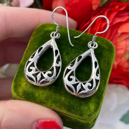 Vintage Sterling Silver Tear Drop Open work Filigree Hoop Dropper Earrings