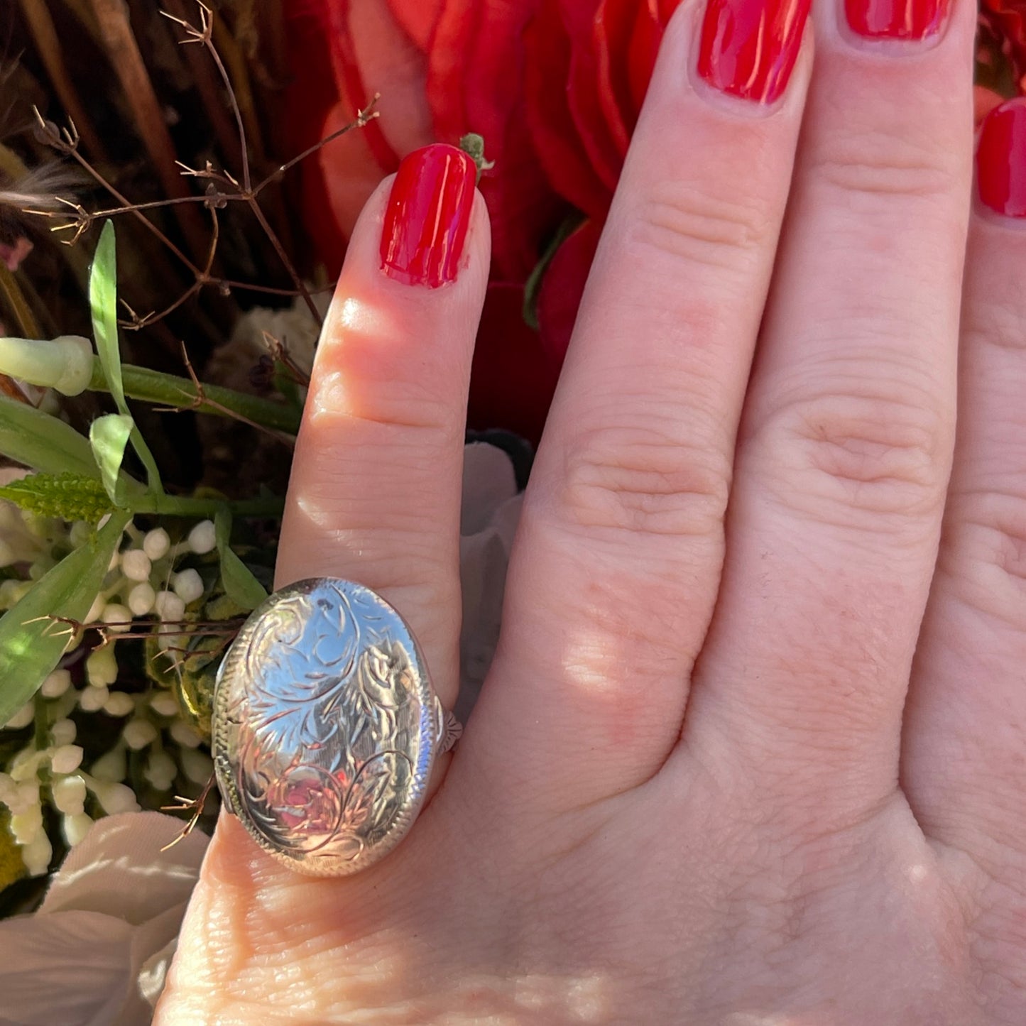 Vintage Sterling Silver Locket Ring Engraved Filigree Etched N