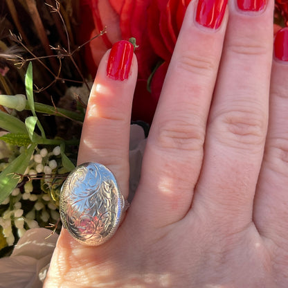 Vintage Sterling Silver Locket Ring Engraved Filigree Etched N