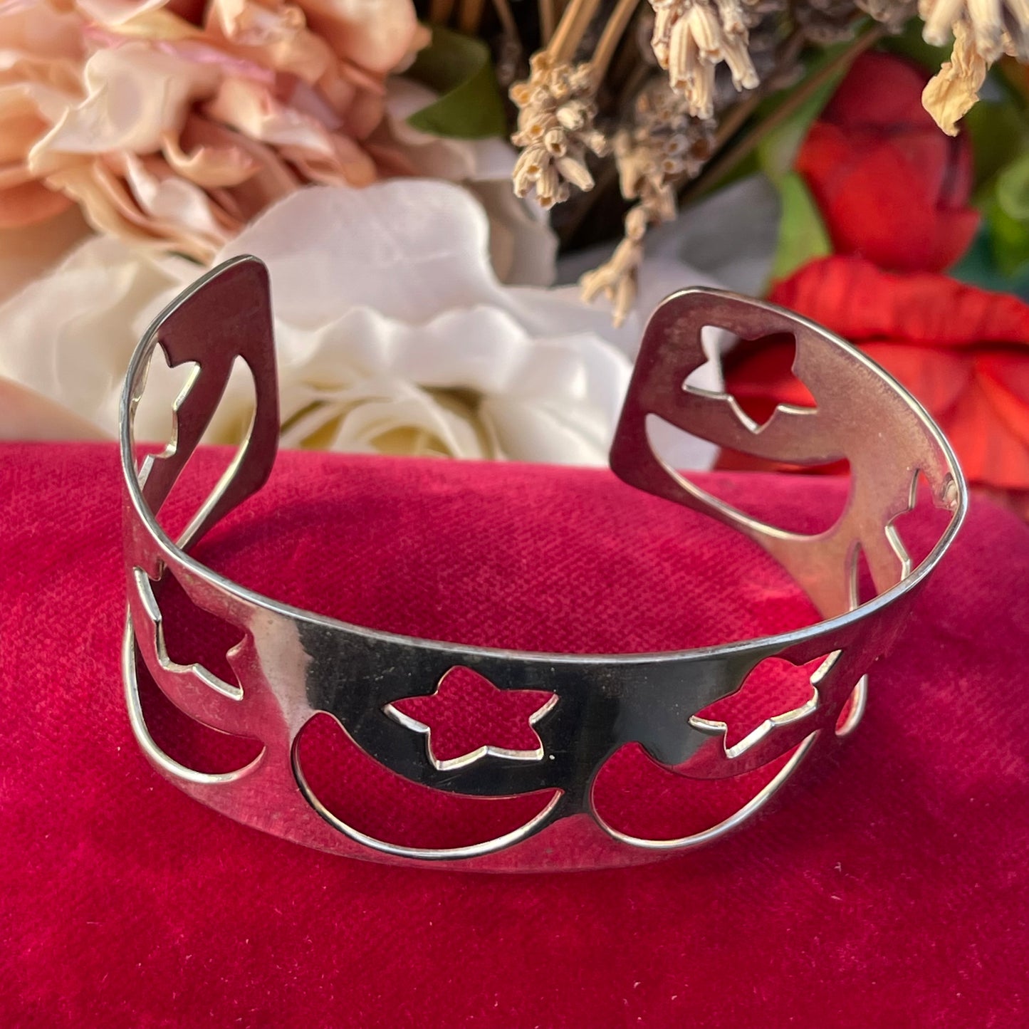 Vintage Sterling Silver Celestial Moon Stars Bangle Cuff Bracelet