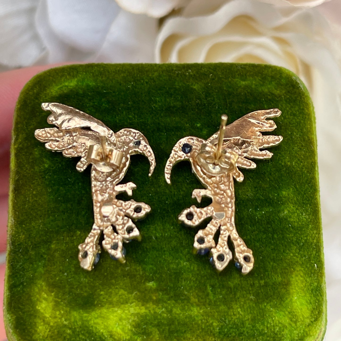 Vintage 9ct Yellow Gold Sapphire Hummingbird Bird Stud Earrings Rare 2.9g
