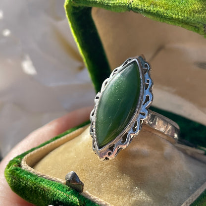 Antique Sterling Silver Large Navette Nephrite Jade Ring UK Q 5g