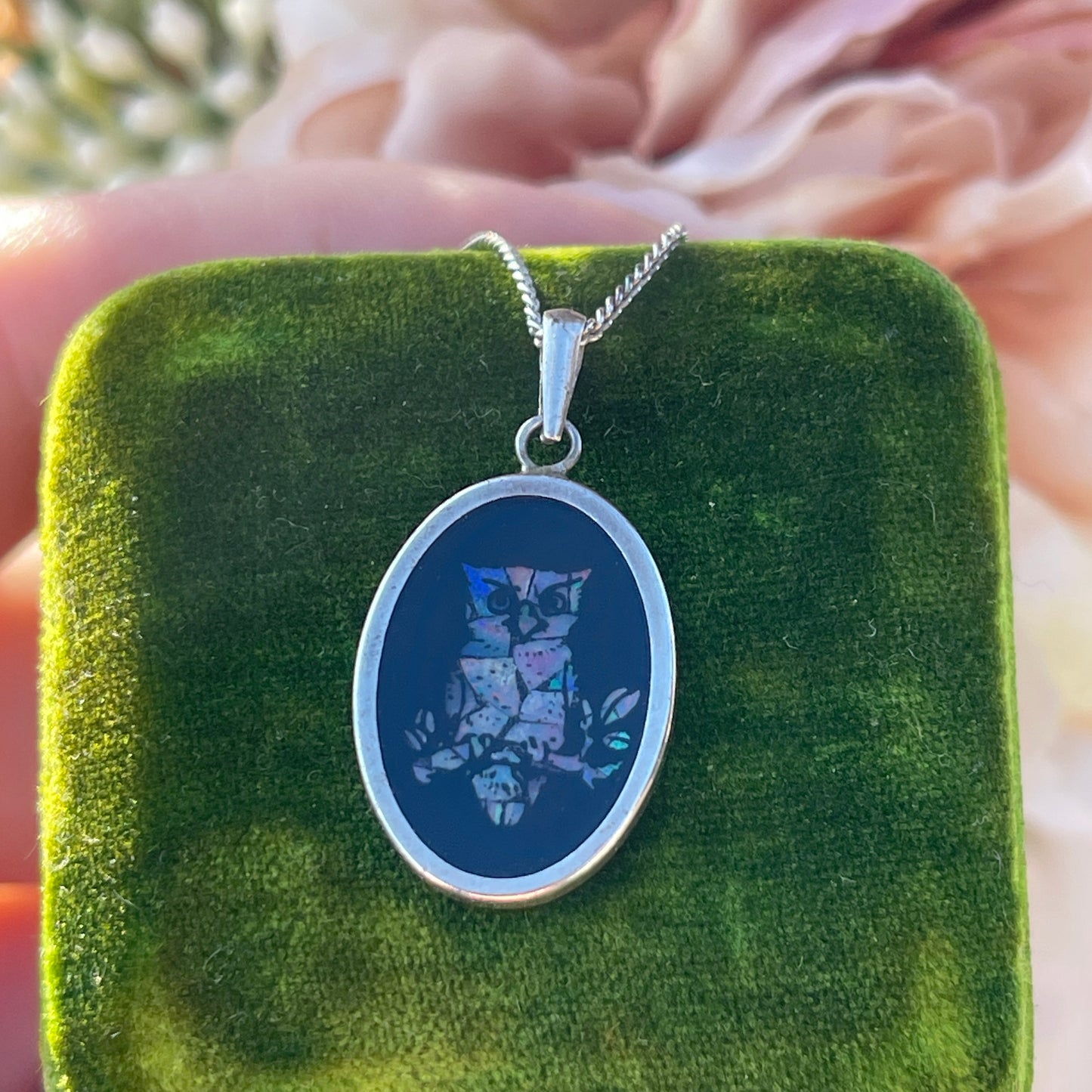 Vintage Sterling Silver Opal Mosaic Inlay Owl Pendant Necklace