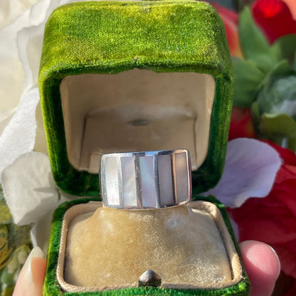 Vintage Sterling Silver Mother Of Pearl Panel Chunky Ring Q