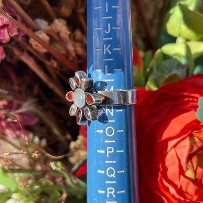 Sterling Silver Moonstone Amethyst Garnet Crystal Flower Ring M