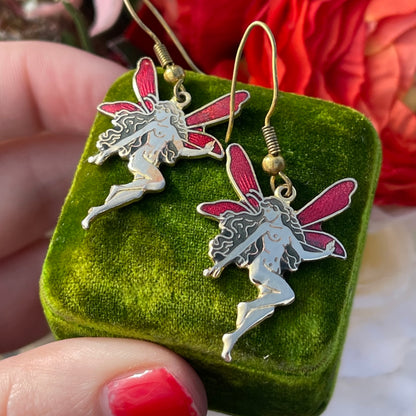 Vintage Cloisonné Enamel Red Gold Fairy Earrings