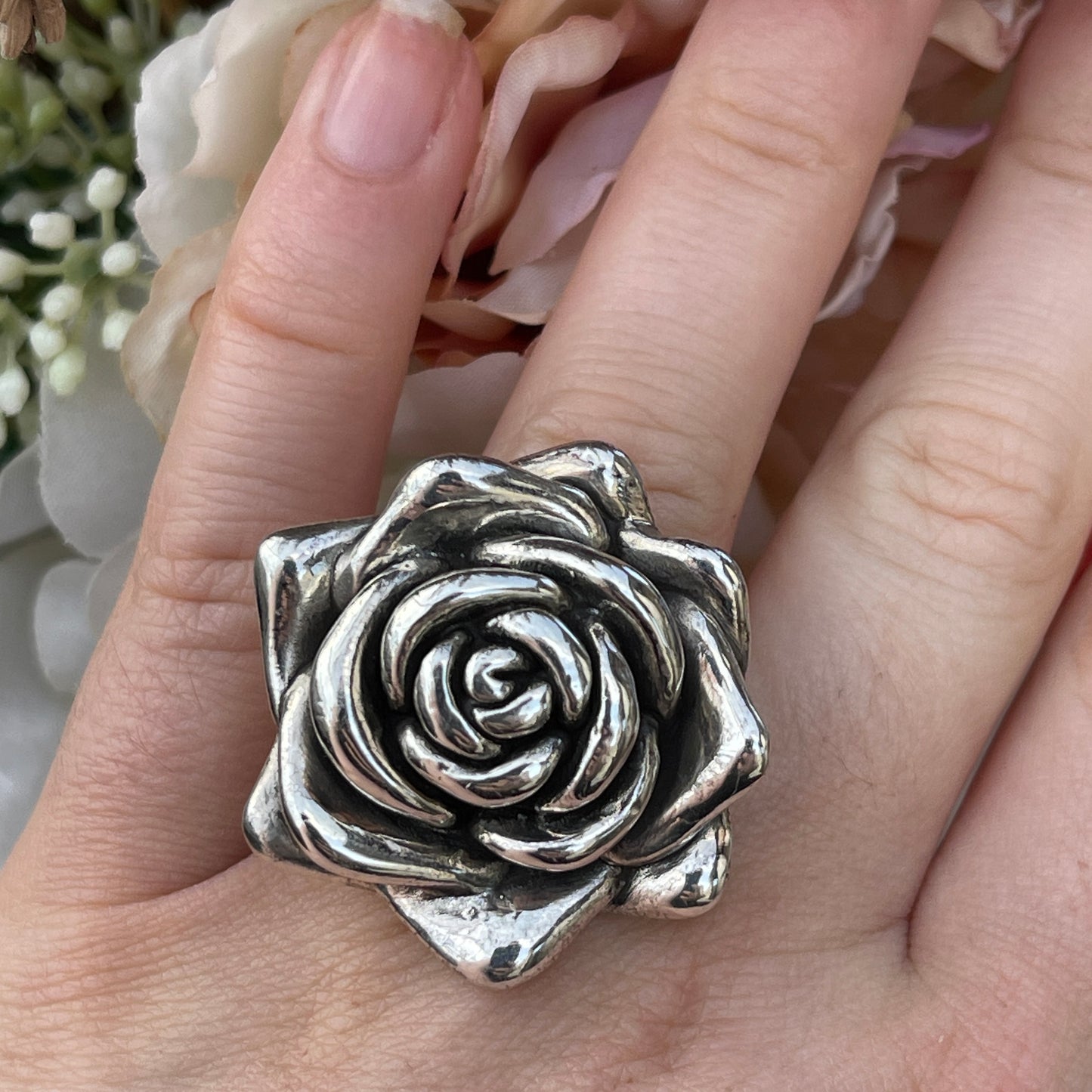 Unreleased: Sterling Silver XL Rose Flower Ring P-Q
