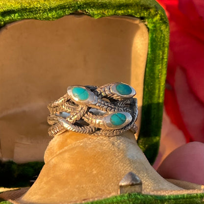 Vintage Antique Sterling Silver Turquoise triple snake ring N