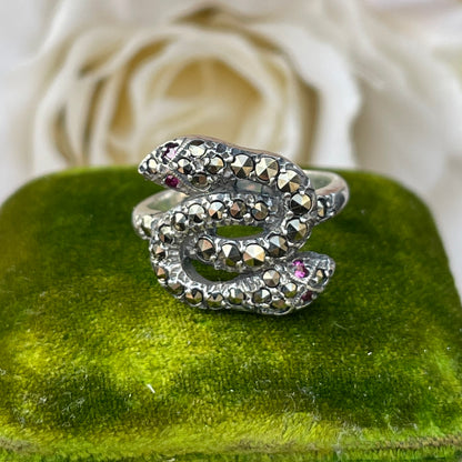 Unreleased: Art Deco Sterling Silver Ruby Eye Marcasite Double Snake Ring K