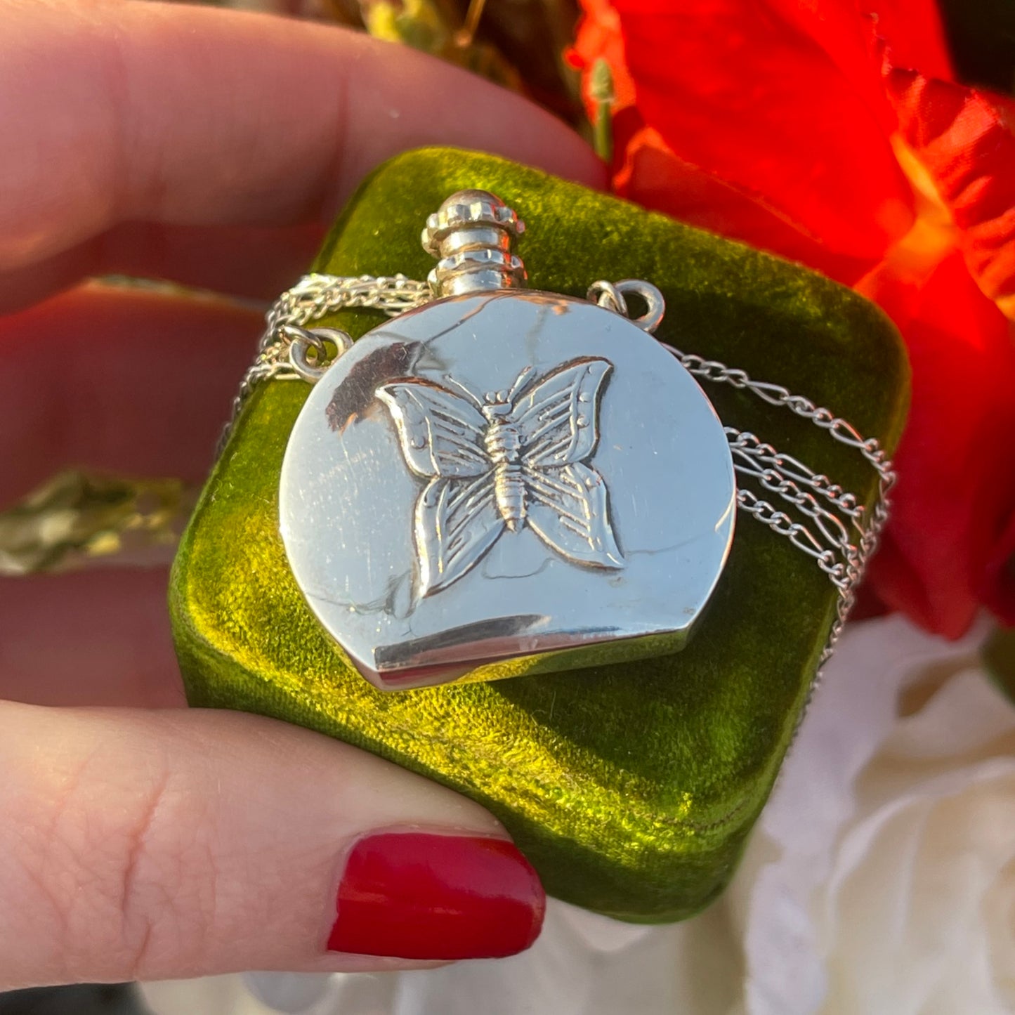 Vintage Silver Butterfly Perfume Bottle Pendant Necklace