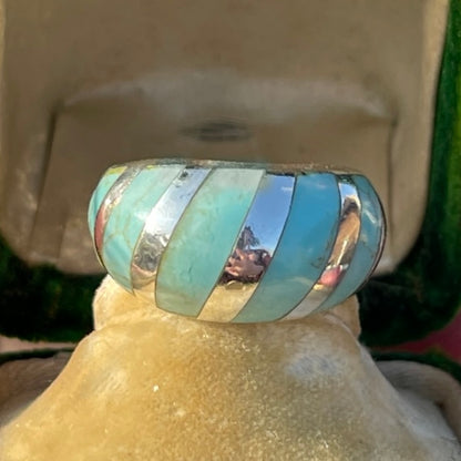 Sterling Silver Turquoise Stripe Bombe Ring Statement Chunky L-M