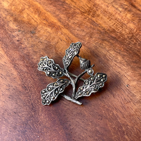 Unreleased: Vintage Sterling Silver Marcasite Oak Leaf Brooch