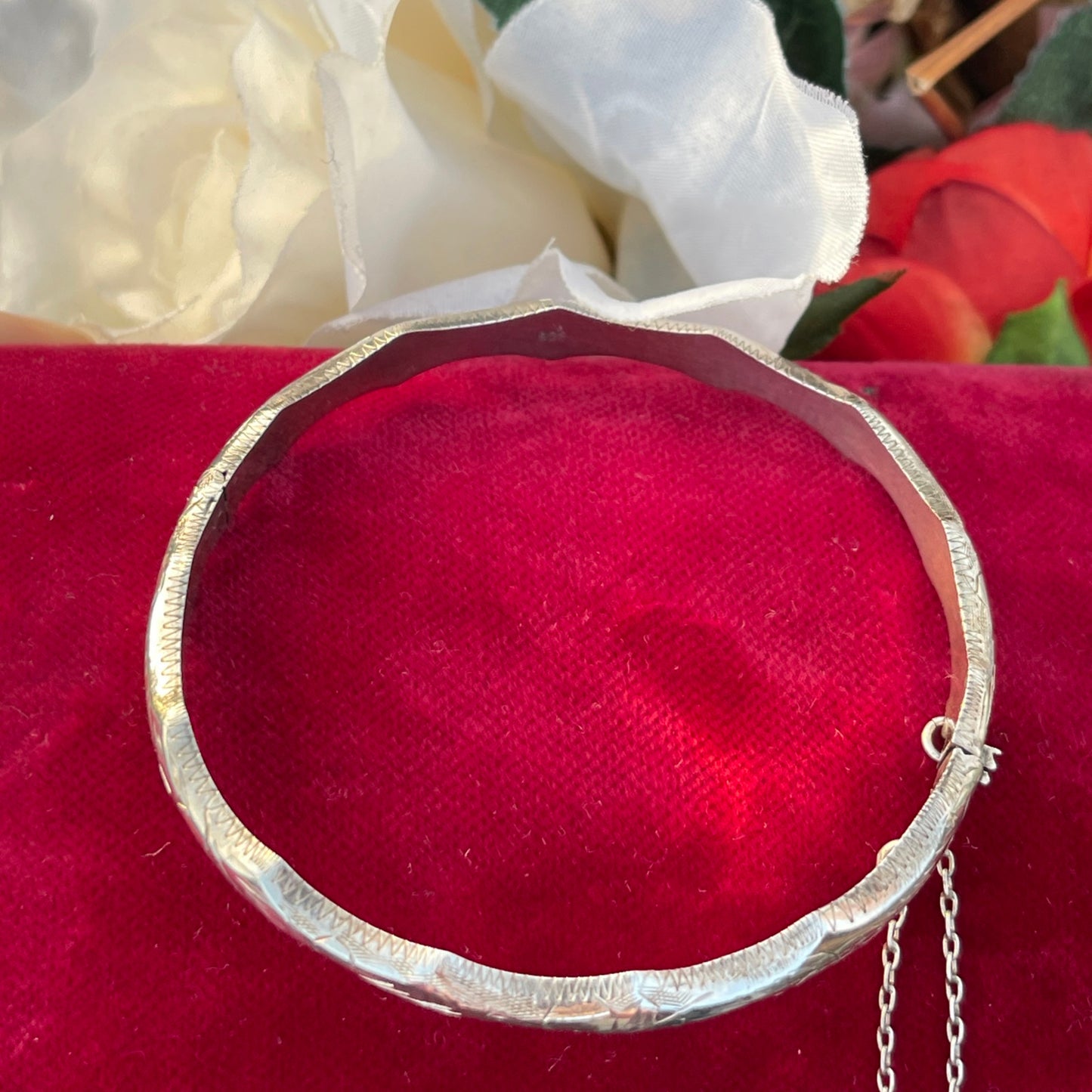 Vintage Sterling Silver Slim Etched Bamboo Bangle Bracelet