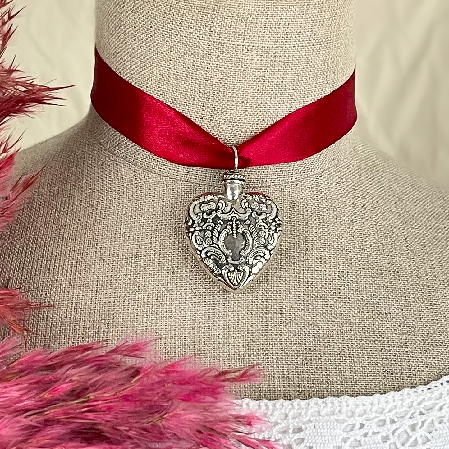 Vintage Sterling Silver Filigree Heart Perfume Repoussé chatelaine Bottle Pendant