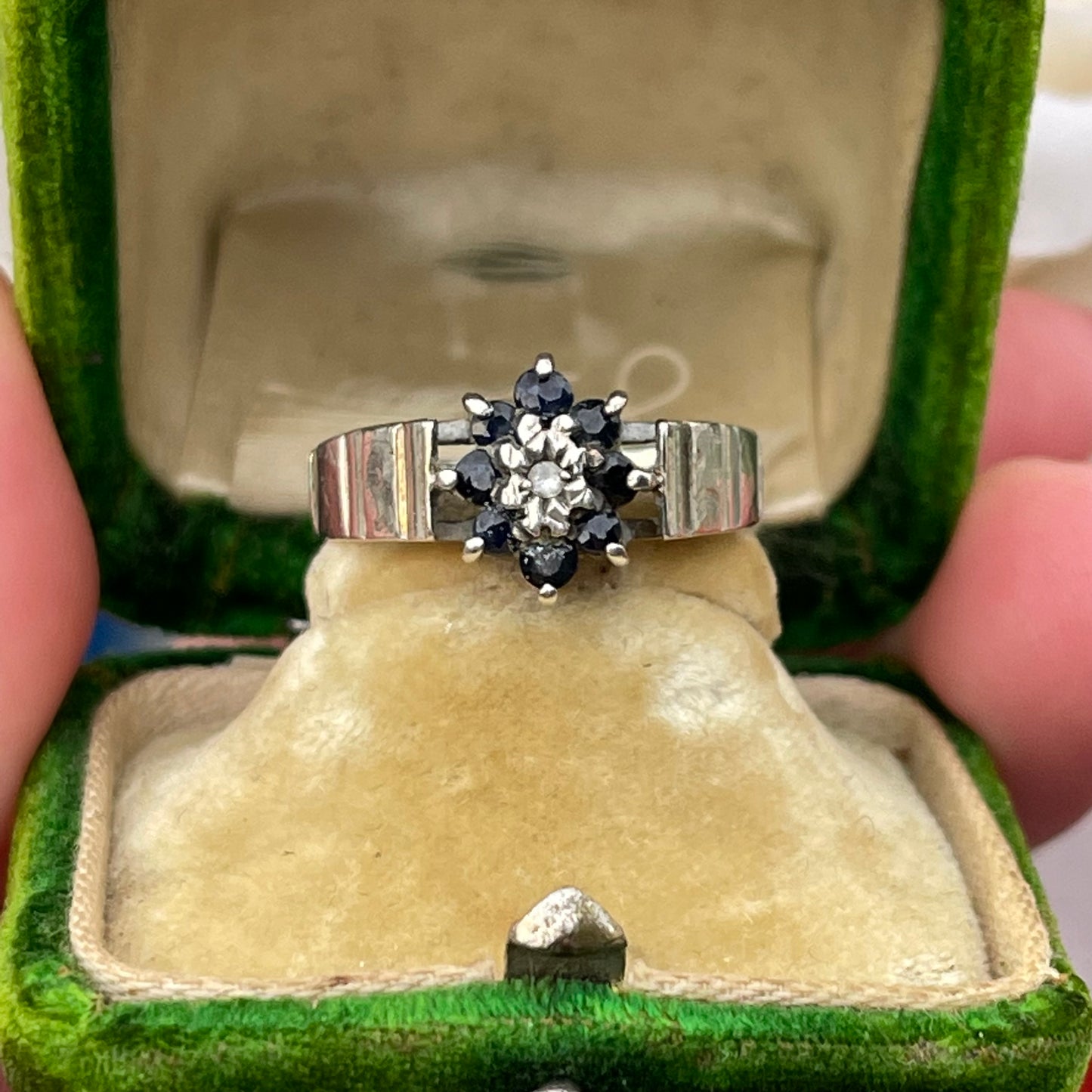 Vintage Sterling Silver Diamond & Sapphire Flower Cluster Ring 925 O