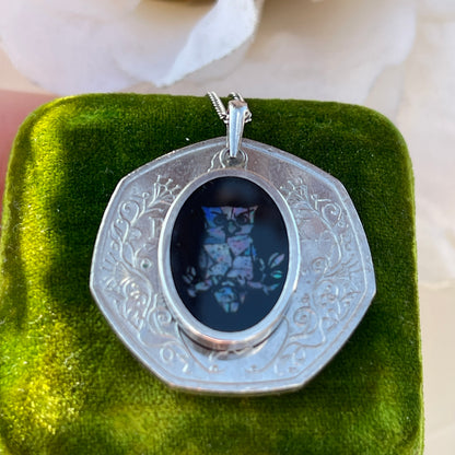 Vintage Sterling Silver Opal Mosaic Inlay Owl Pendant Necklace