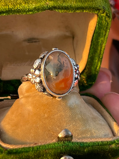 Vintage Sterling Silver Fish Moss Agate Ring Bernard Instone Arts Crafts 1910 L