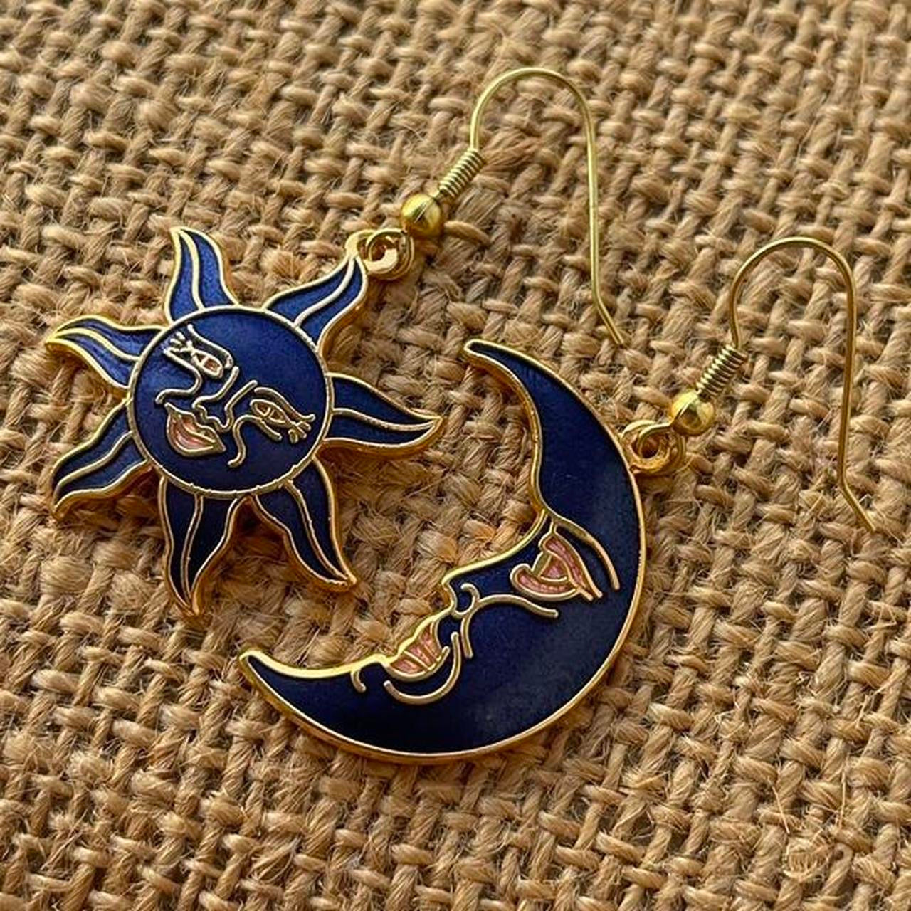 Vintage Blue Cloisonné Celestial Sun and Moon earrings