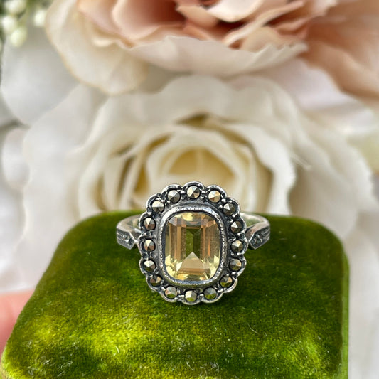 Unreleased: Art Deco Vintage Sterling Marcasite Citrine Ring O