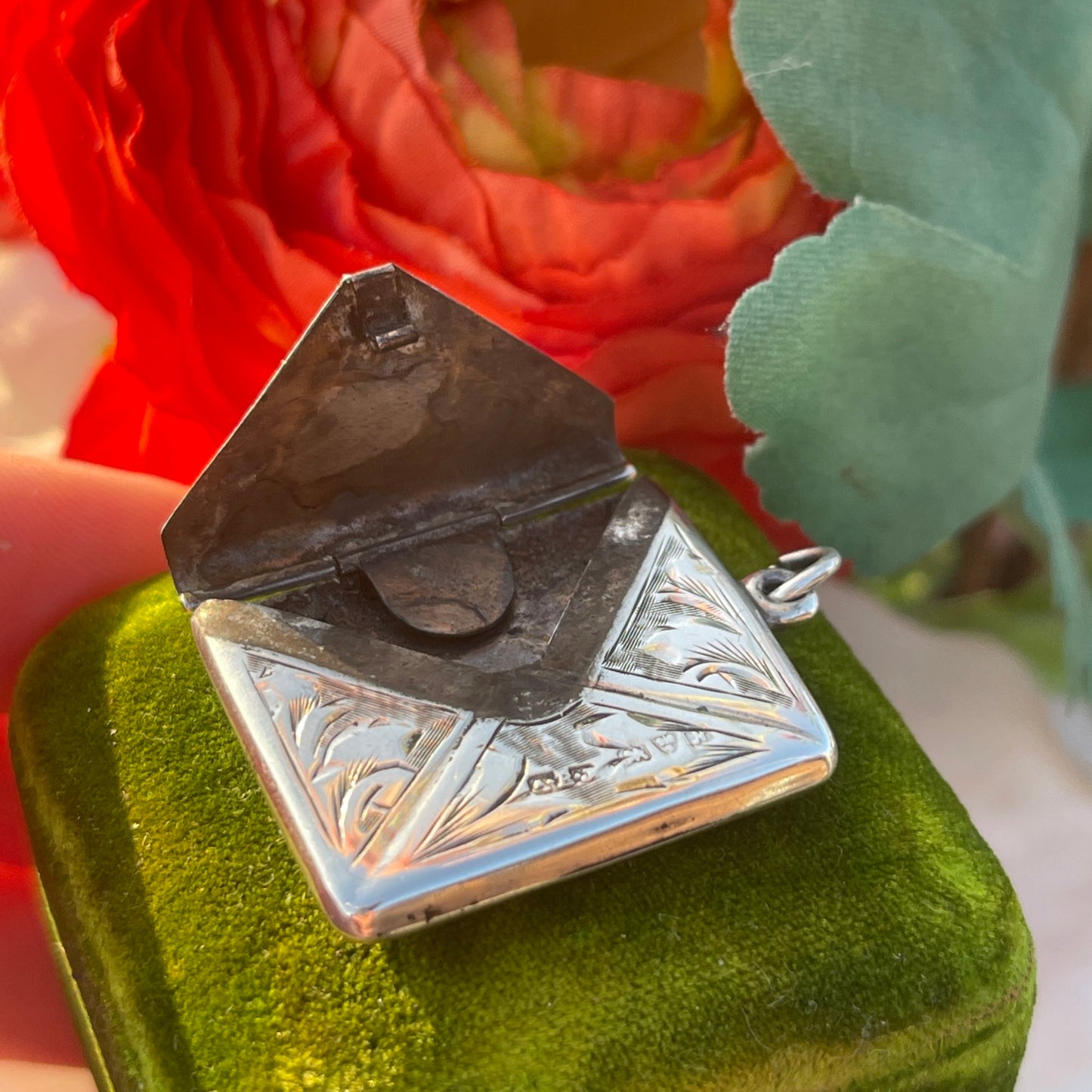 Antique Edwardian Sterling Silver Sweetheart Envelope Charm Pendant Locket 1913