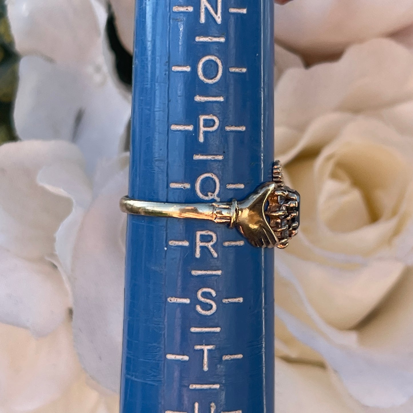Vintage 9ct Gold Claddagh Ring heart hands Crown Sapphire Q R 2g