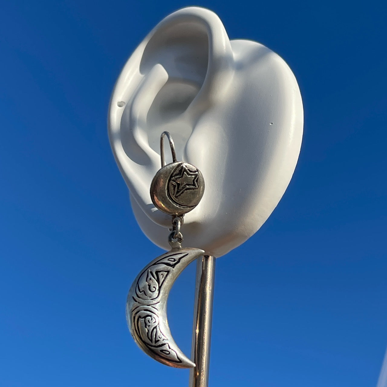 Vintage Silver Crescent Moon & Star earrings