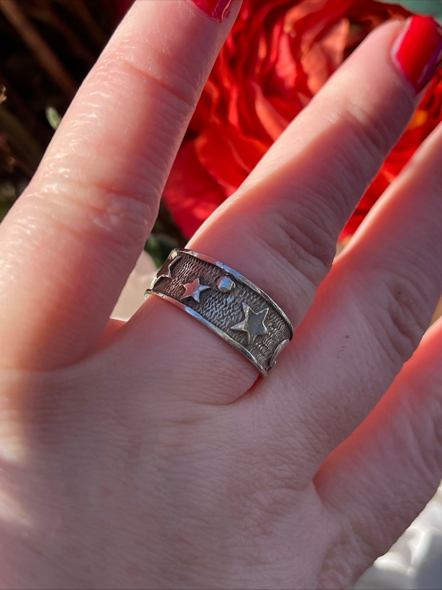 Vintage Sterling Silver Celestial Ring Moon Stars Chunky Q-R