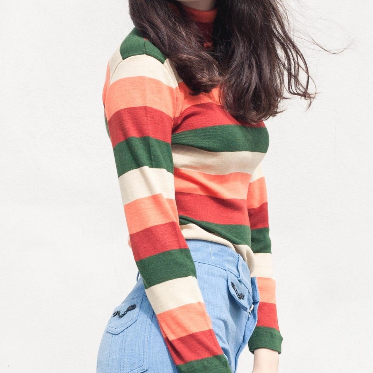 Vintage 70s clemetine cream & green stripe roll neck jumper