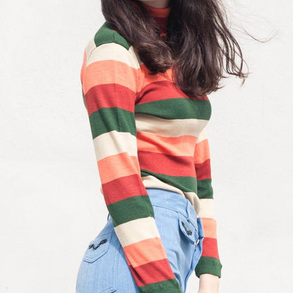 Vintage 70s clemetine cream & green stripe roll neck jumper
