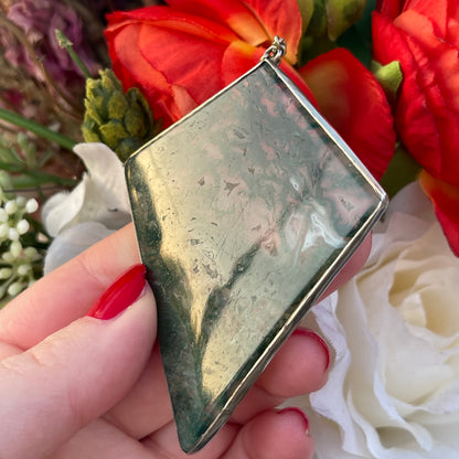 Antique Silver Huge Moss Agate Pendant Diamond Shape Necklace Art Deco Kite 25g