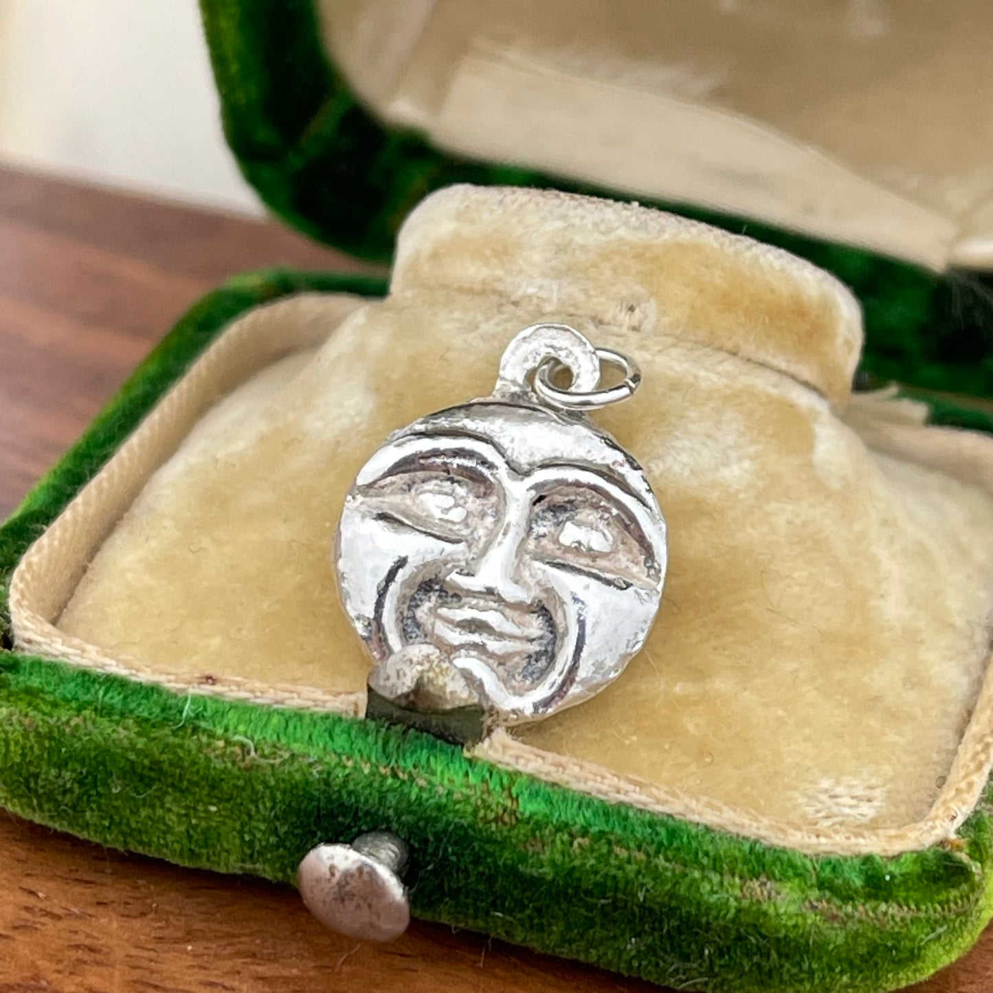 Old Vintage Sterling Silver Moon Face & Stars 3d Double Sided Charm Pendant