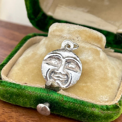 Old Vintage Sterling Silver Moon Face & Stars 3d Double Sided Charm Pendant