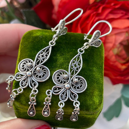 Vintage Sterling Silver Fleur De Lis Filigree earrings Tassel Chandelier Large