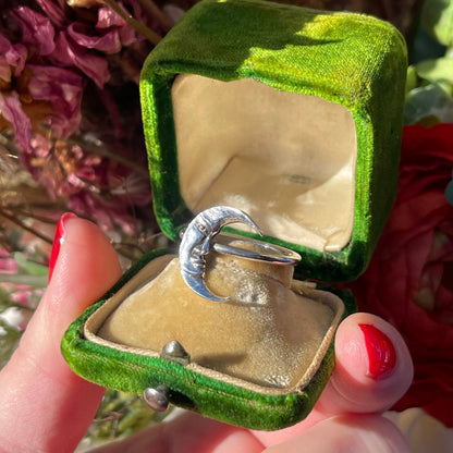 Sterling Silver Crescent Moon Face Ring Vintage Victorian Look Celestial Style S