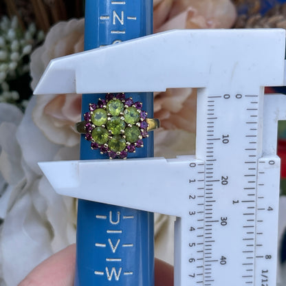 9ct Gold Peridot And Amethyst Cluster Flower Ring Yellow Gold R 3.5g