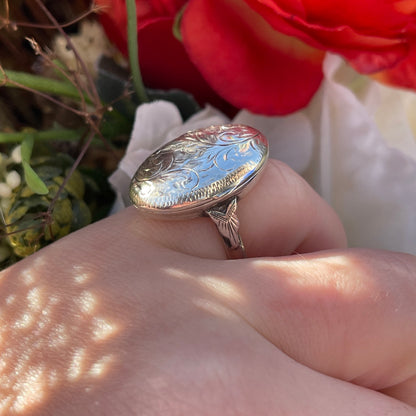 Vintage Sterling Silver Locket Ring Engraved Filigree Etched N