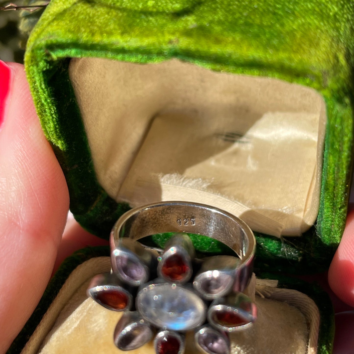 Sterling Silver Moonstone Amethyst Garnet Crystal Flower Ring M