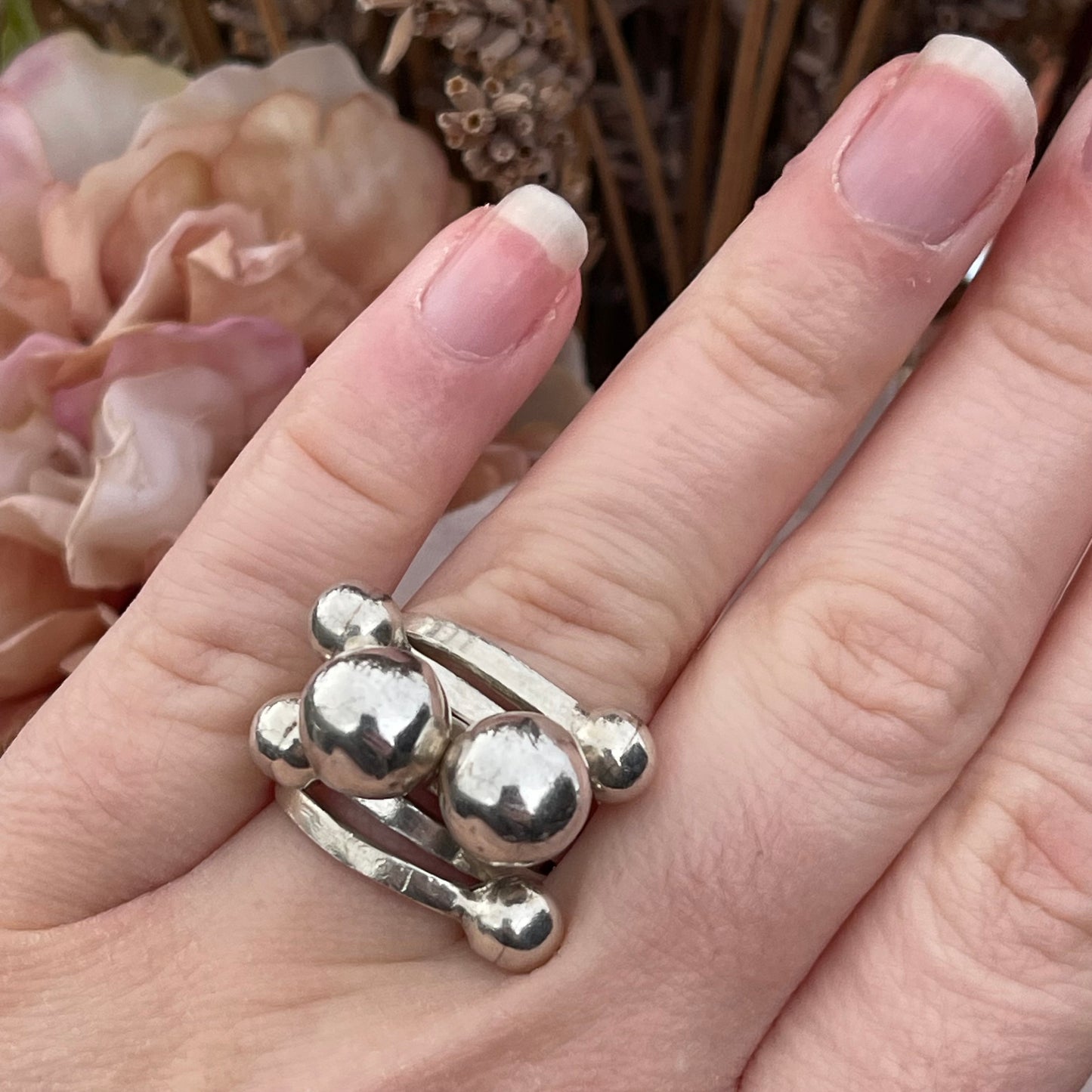 Vintage Sterling Silver Very Heavy modernist ball chunky ring mexican N 13g
