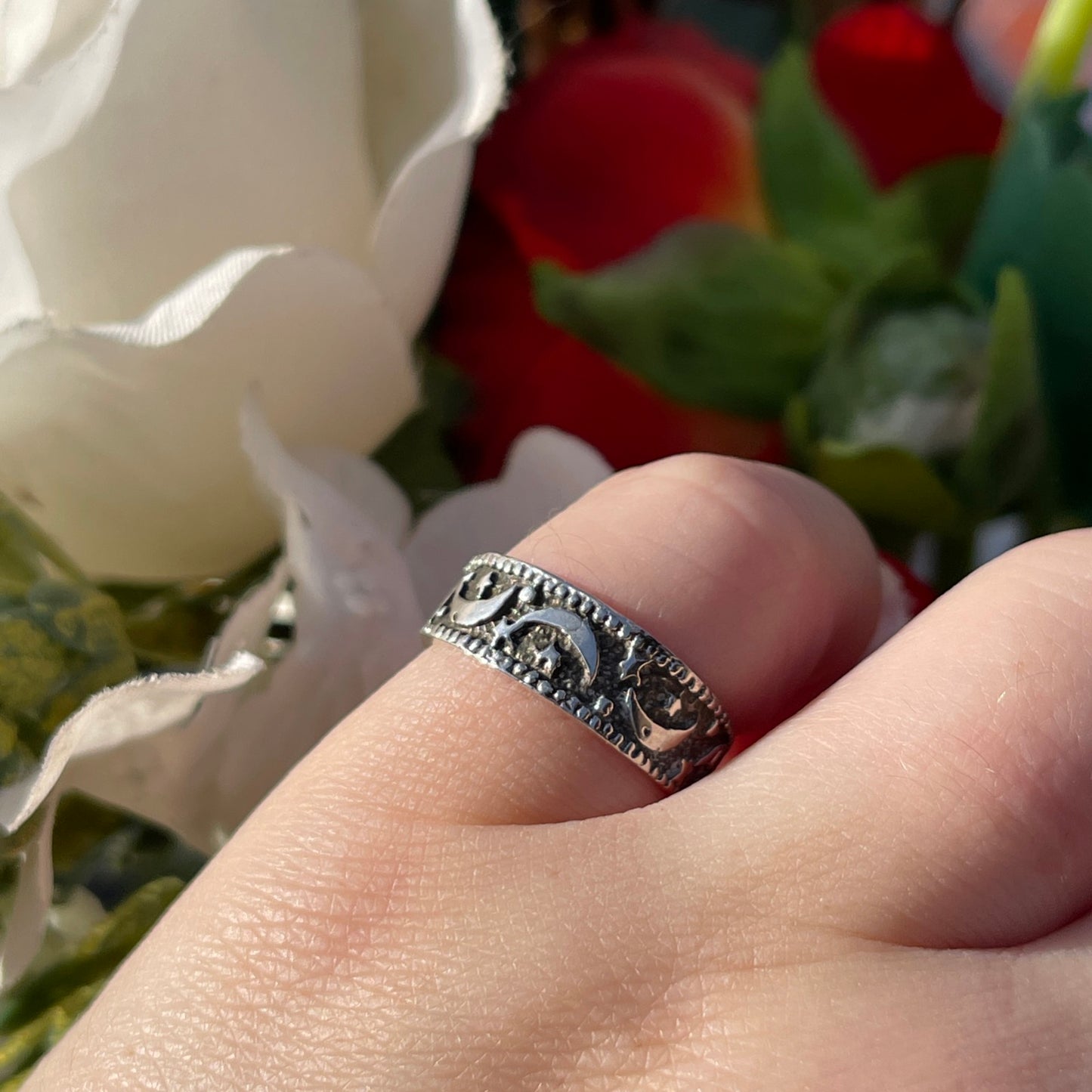 Vintage Sterling Silver Celestial Moon & Stars Ring L