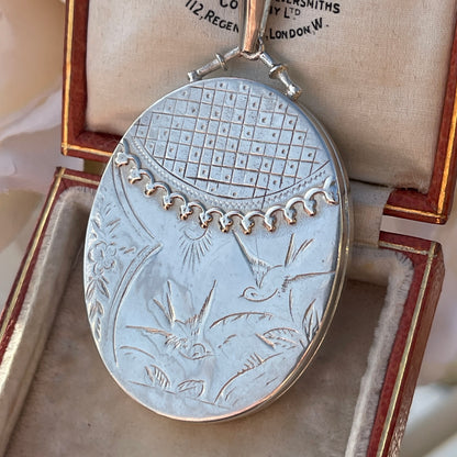 Sterling Silver XL Swallow Floral Engraved Victorian Revival Locket