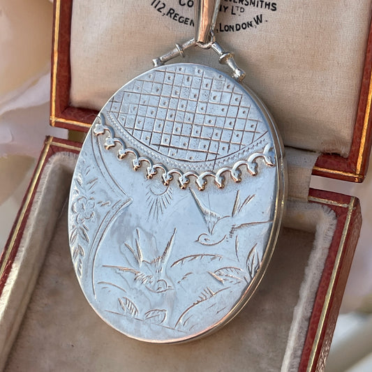 Sterling Silver XL Swallow Floral Engraved Victorian Revival Locket