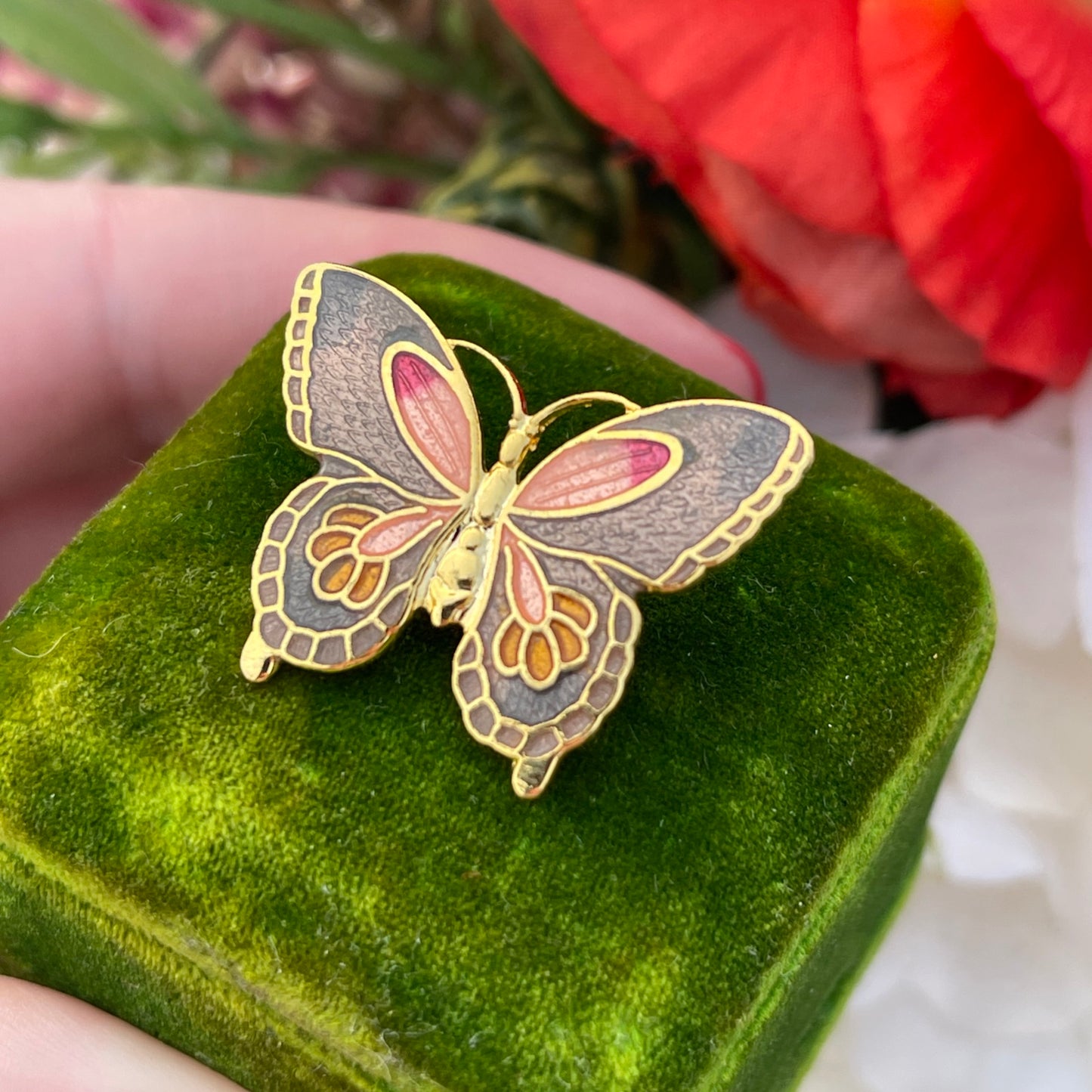 Vintage Gold Plated Cloisonné Butterfly Enamel Brooch